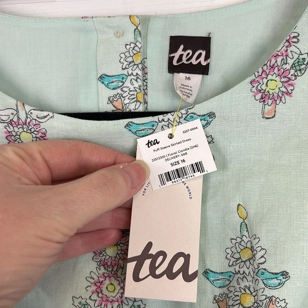 NWT Tea floral puff sleeve linen blend skirted dress sz 16